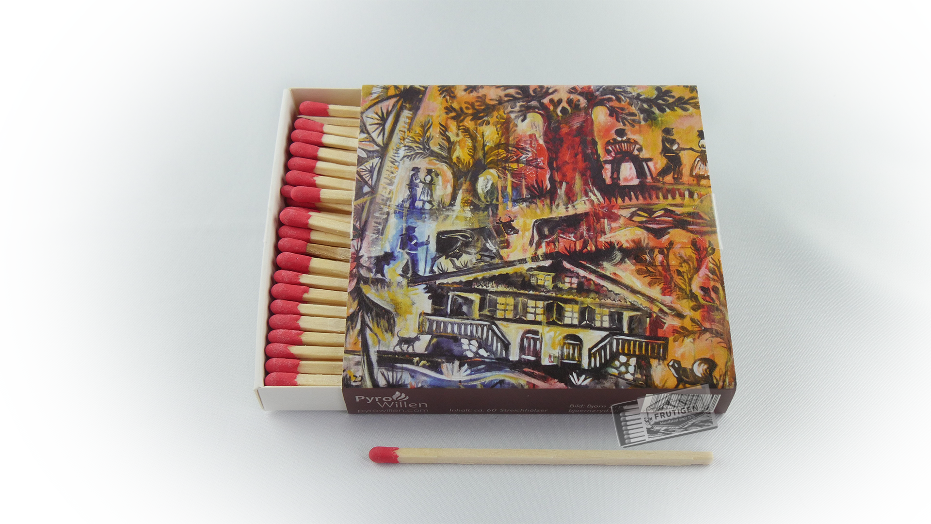 Quadratische Zündholzschachtel mit einem gemahlenen Bild = Chalet vom Künstler Björn Zryd