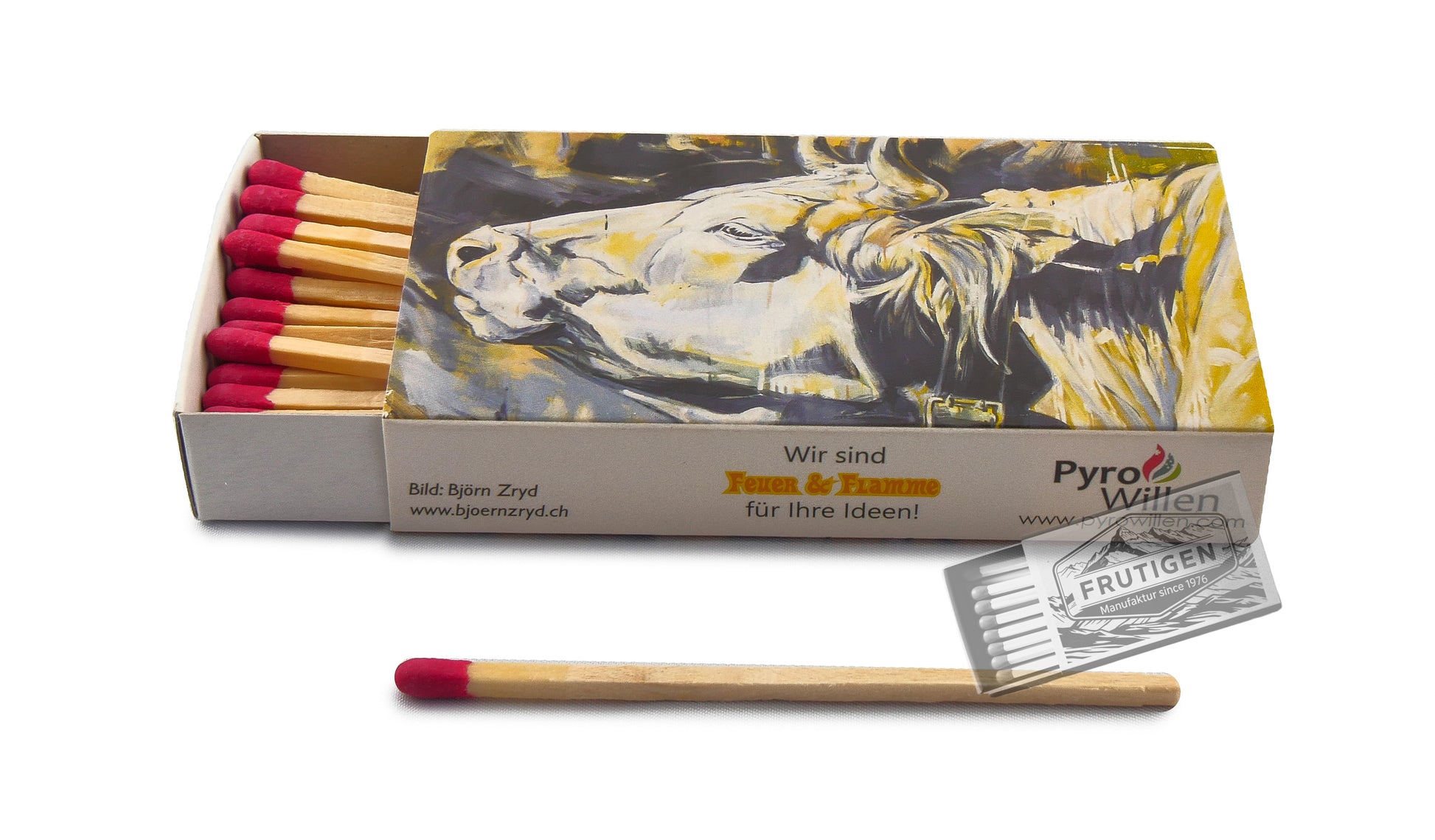 Zündholzschachtel mit einem gemahlenen Bild = Kuh vom Künstler Björn Zryd