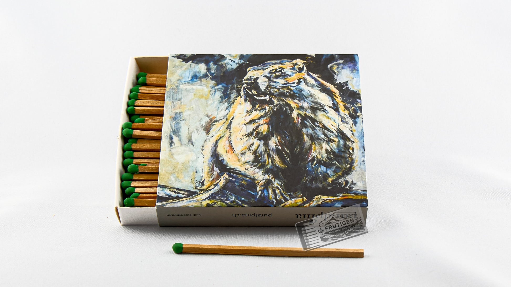 Quadratische Zündholzschachtel mit einem gemahlenen Bild = Murmeltier vom Künstler Björn Zryd